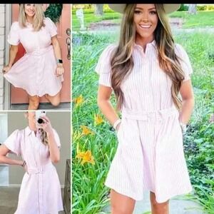 Alexis Linen Blend Pink Striped‎ Button Down Shirt Dress Short Sleeve Casual XL